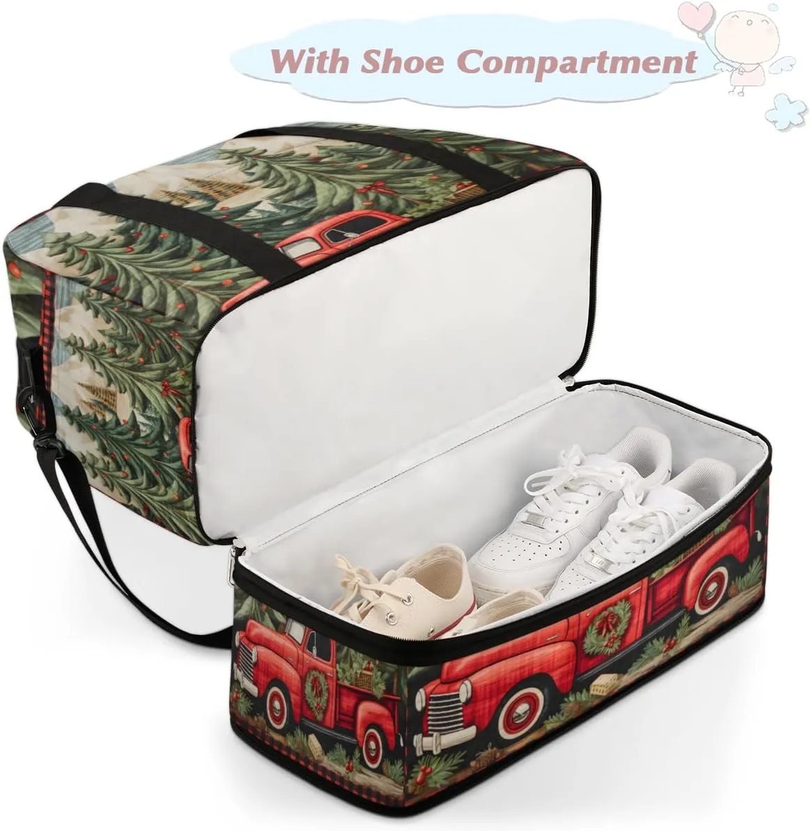 Truck Christmas Theme Foldable Travel Duffel Bag Overnight Weekender Bag with Shoes Compartment Sports Gym Bag for Men Women