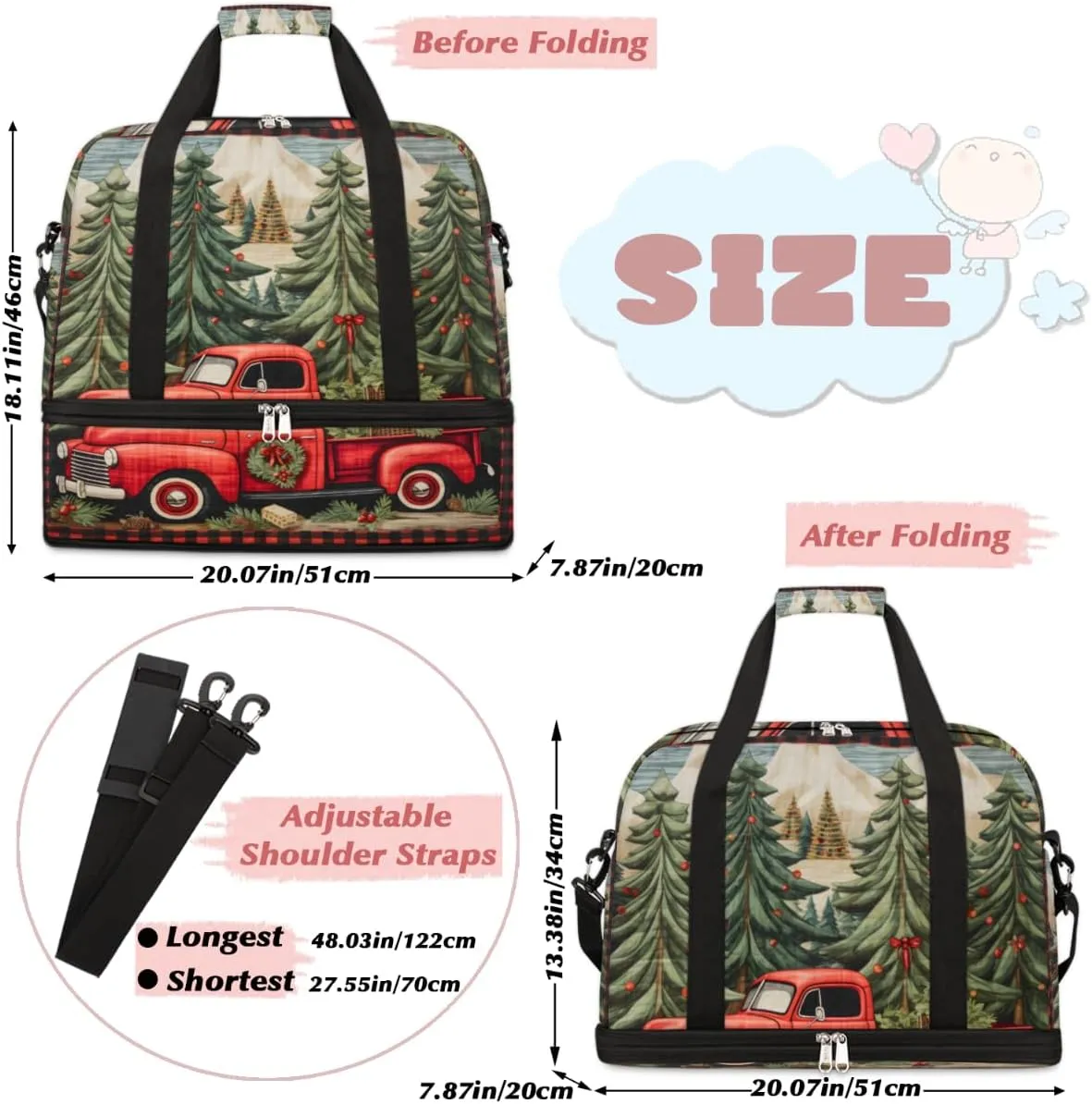 Truck Christmas Theme Foldable Travel Duffel Bag Overnight Weekender Bag with Shoes Compartment Sports Gym Bag for Men Women