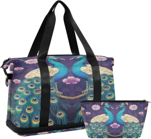 Two Peacocks Gym Bag for Men Women with Shoes Compartment & Wet Pocket Sport Travel Duffel Bag Waterproof Weekender Overnight Bag
