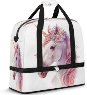 Unicorns Pink Foldable Travel Duffel Bag Overnight Weekender Bags with Shoes Compartment Sports Gym Bags for Men Women