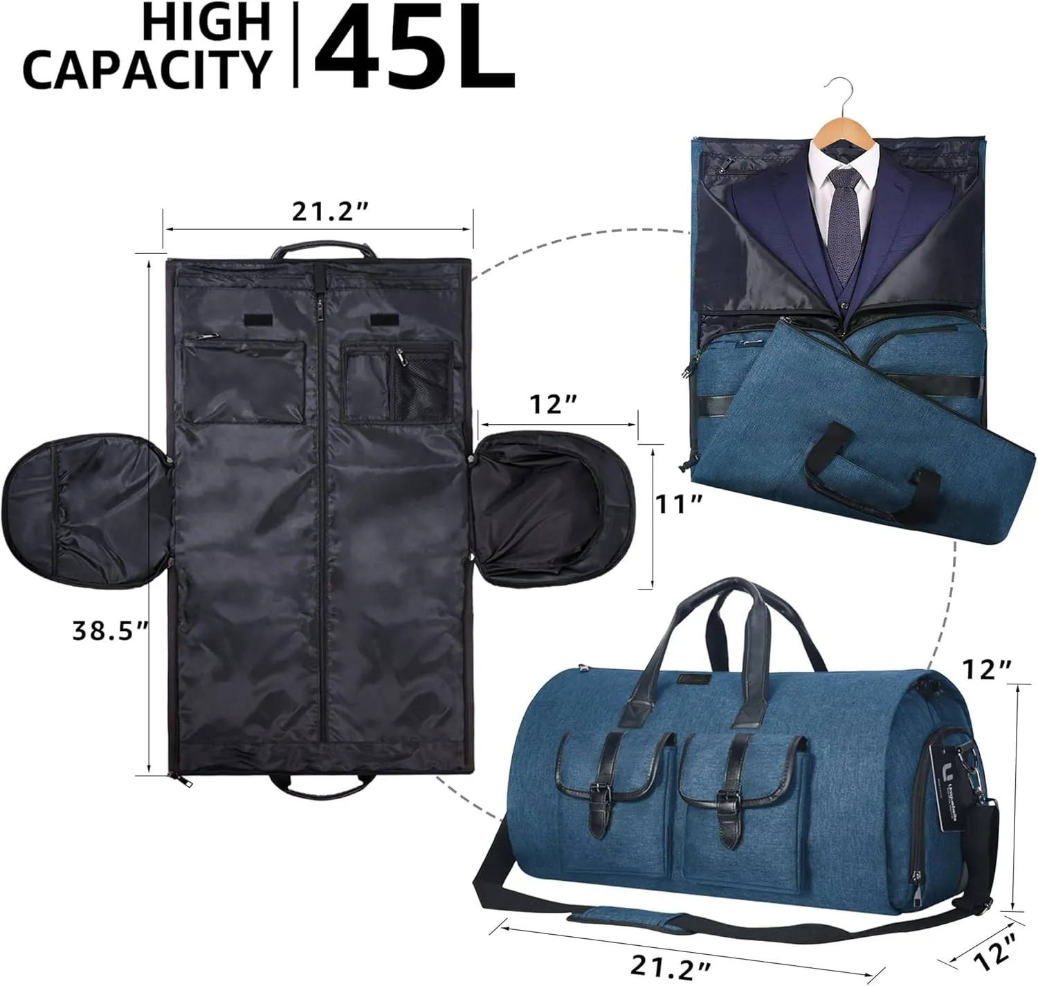 Unique Bella Carry-On Garment Bag Large Duffel Bag for Travel Weekend Flight with Shoes and Clothes in Blue