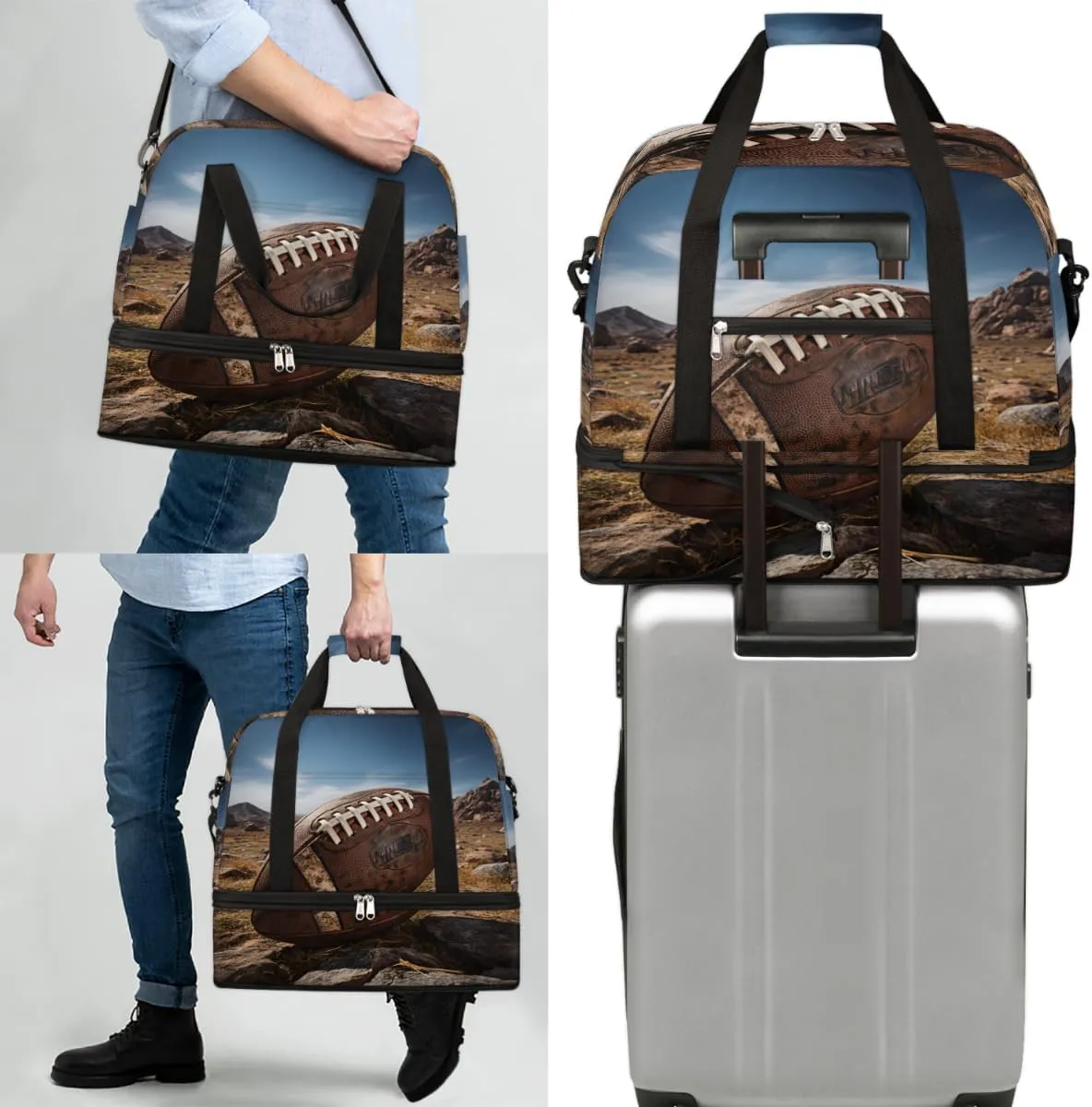 Vintage American Football Foldable Travel Duffel Bag Overnight Weekender Bag with Shoes Compartment Sports Gym Bag for Men Women