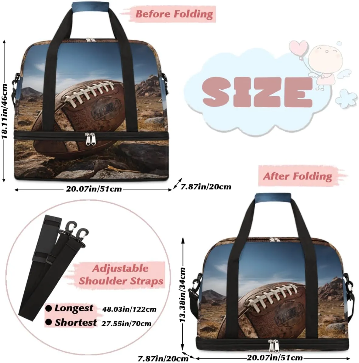 Vintage American Football Foldable Travel Duffel Bag Overnight Weekender Bag with Shoes Compartment Sports Gym Bag for Men Women