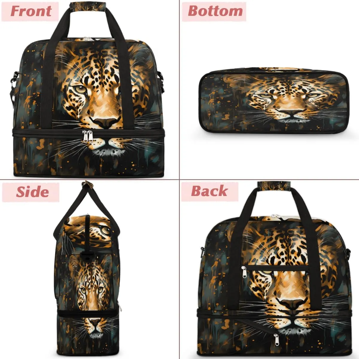 Vintage Leopard Print Foldable Travel Duffel Bag Overnight Weekender Bag with Shoes Compartment Sports Gym Bag for Men Women