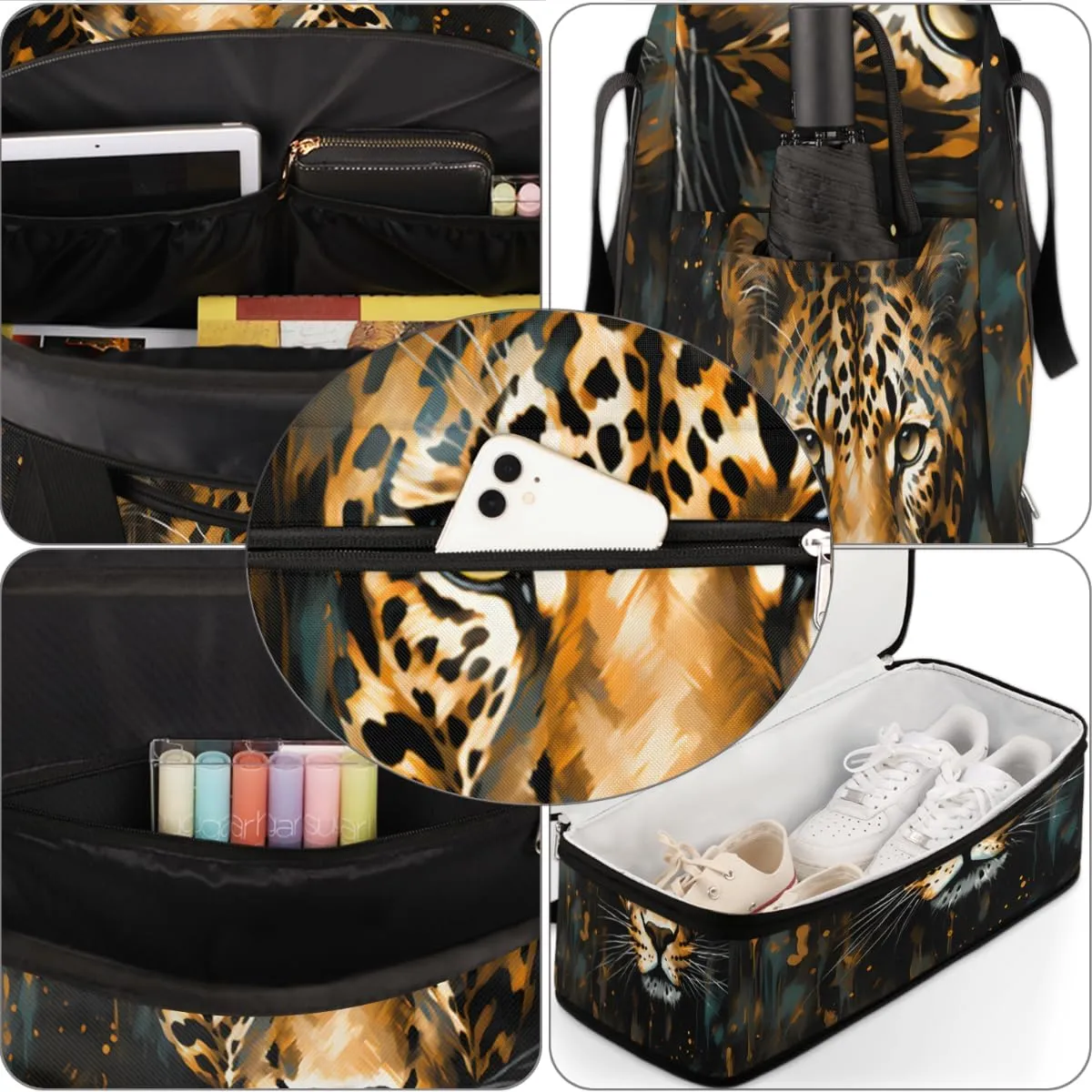 Vintage Leopard Print Foldable Travel Duffel Bag Overnight Weekender Bag with Shoes Compartment Sports Gym Bag for Men Women