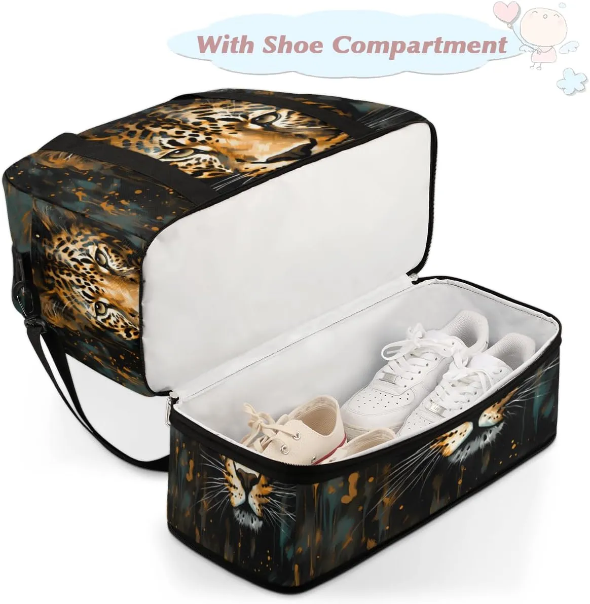 Vintage Leopard Print Foldable Travel Duffel Bag Overnight Weekender Bag with Shoes Compartment Sports Gym Bag for Men Women