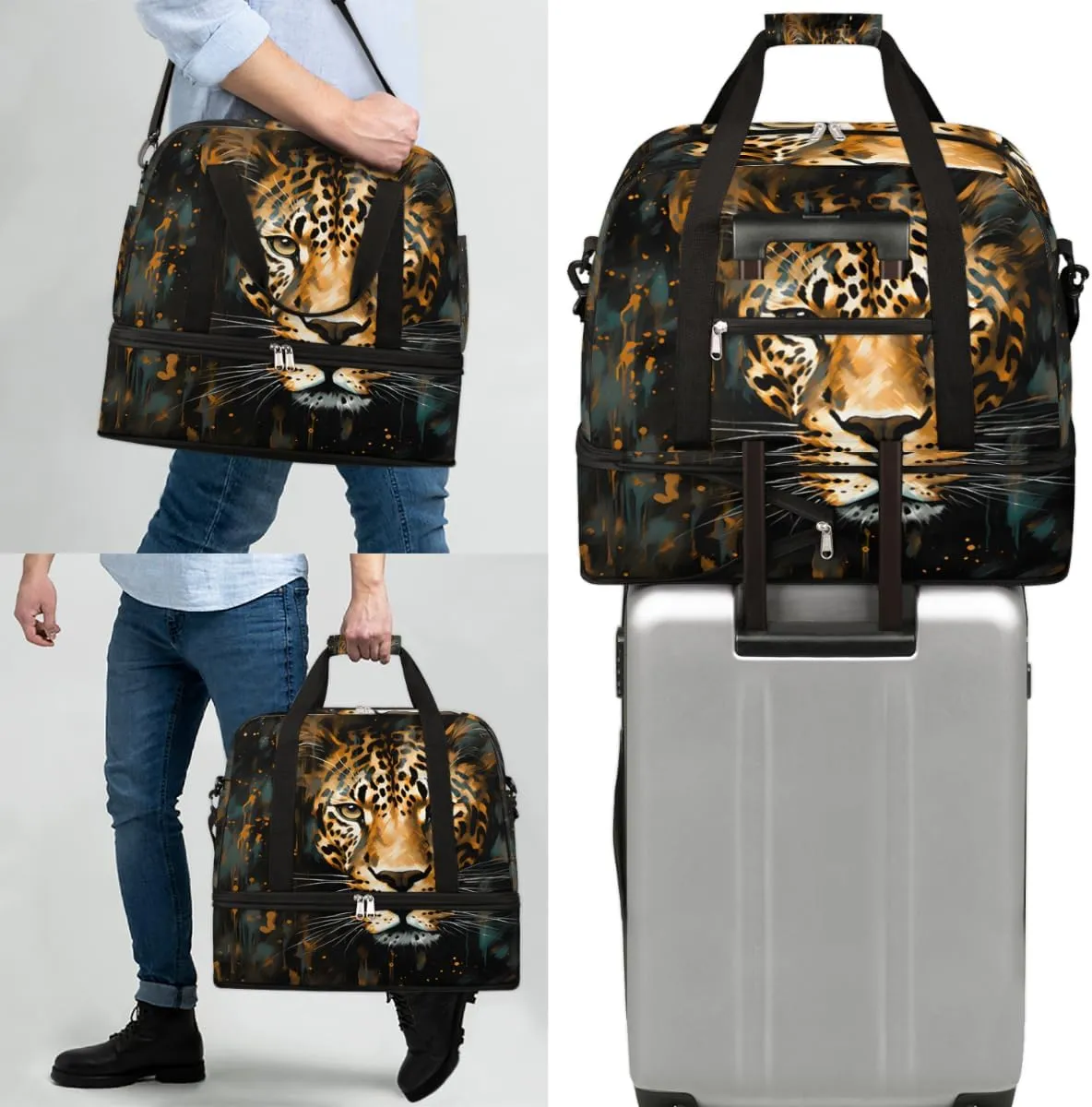 Vintage Leopard Print Foldable Travel Duffel Bag Overnight Weekender Bag with Shoes Compartment Sports Gym Bag for Men Women