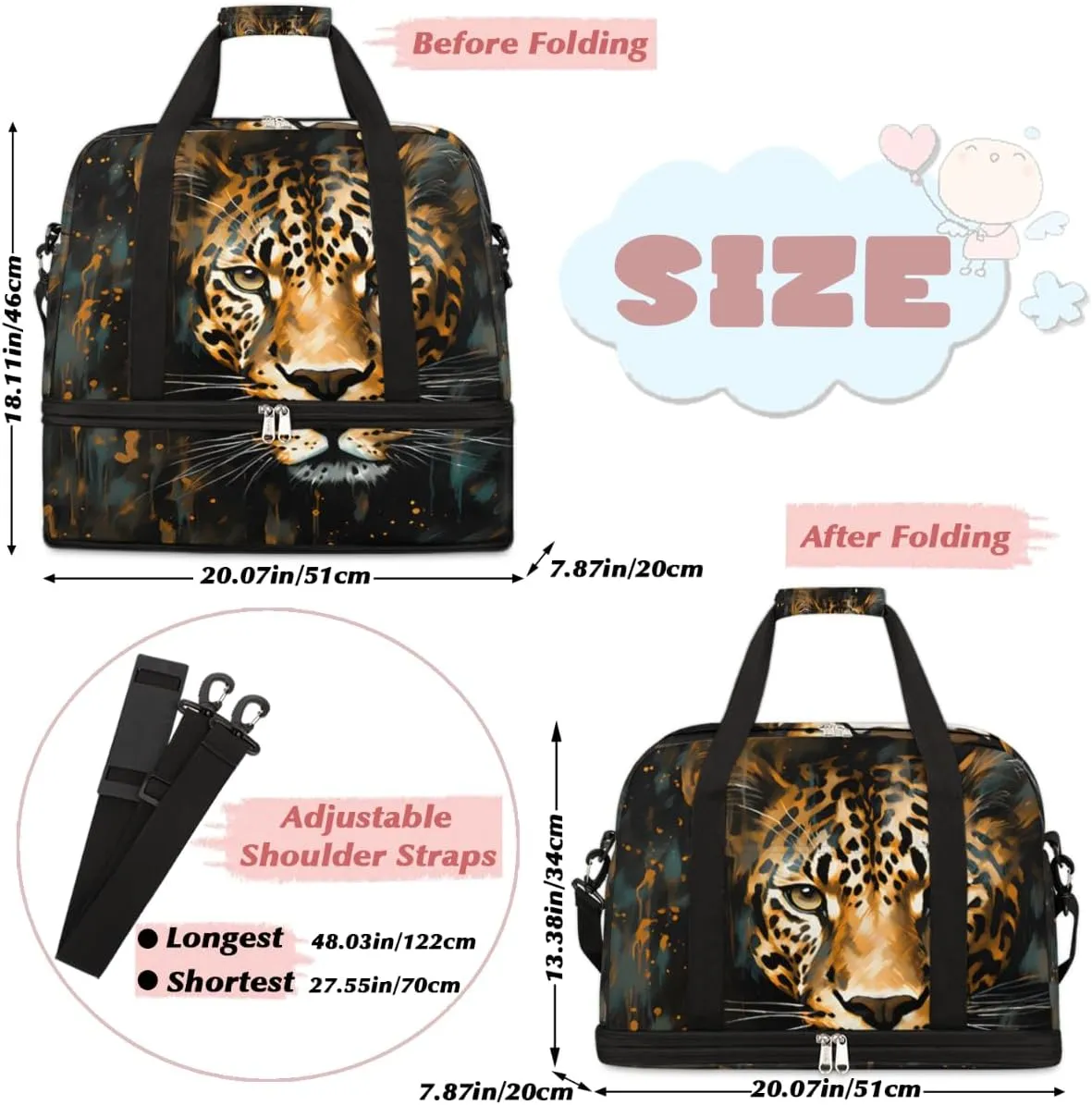 Vintage Leopard Print Foldable Travel Duffel Bag Overnight Weekender Bag with Shoes Compartment Sports Gym Bag for Men Women