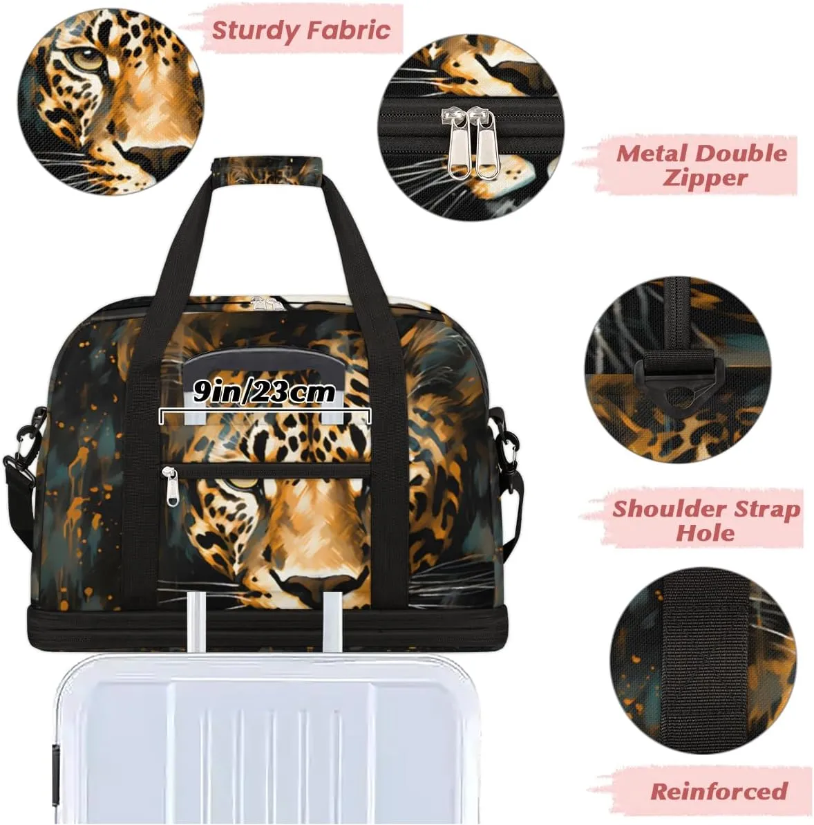 Vintage Leopard Print Foldable Travel Duffel Bag Overnight Weekender Bag with Shoes Compartment Sports Gym Bag for Men Women