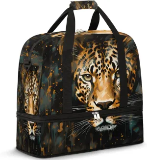 Vintage Leopard Print Foldable Travel Duffel Bag Overnight Weekender Bag with Shoes Compartment Sports Gym Bag for Men Women