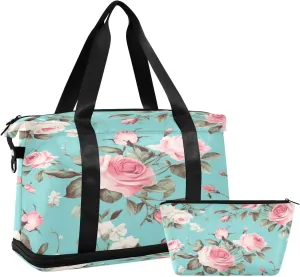 Vintage Roses Sports Gym Bag,Travel Duffel bag with Wet Pocket & Shoes Compartment Lightweight Waterproof Overnight Bag for Men Women