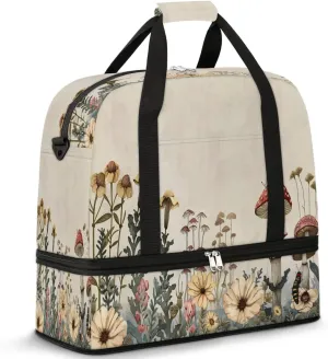 Vintage Wildflower Botanical Foldable Travel Duffel Bag Overnight Weekender Bags with Shoes Compartment Sports Gym Bags for Men Women