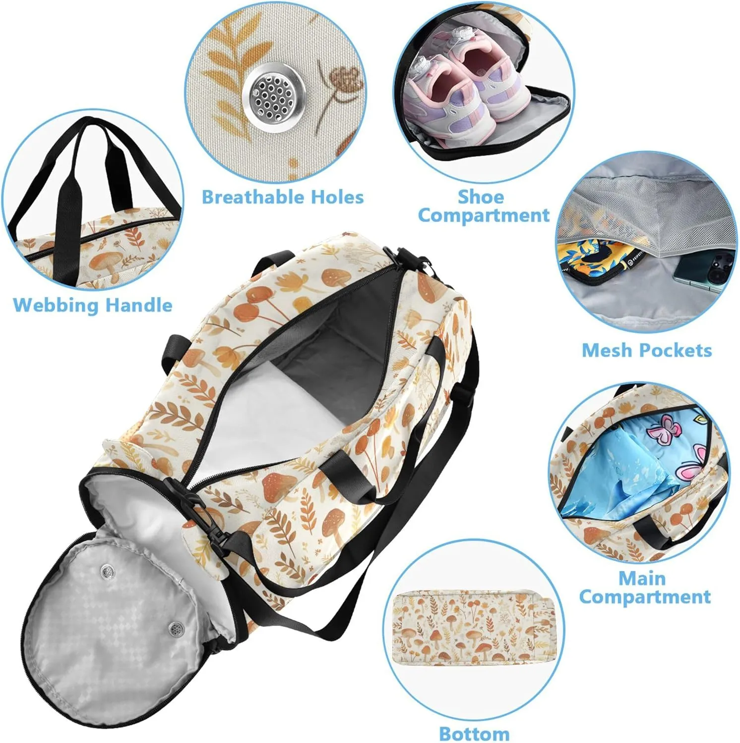 Watercolor Cute Mushrooms Kids Duffel Bag with Shoes Compartment Lightweight Weekender Overnight Range Bag for Travel, Sports, Fitness & Workout