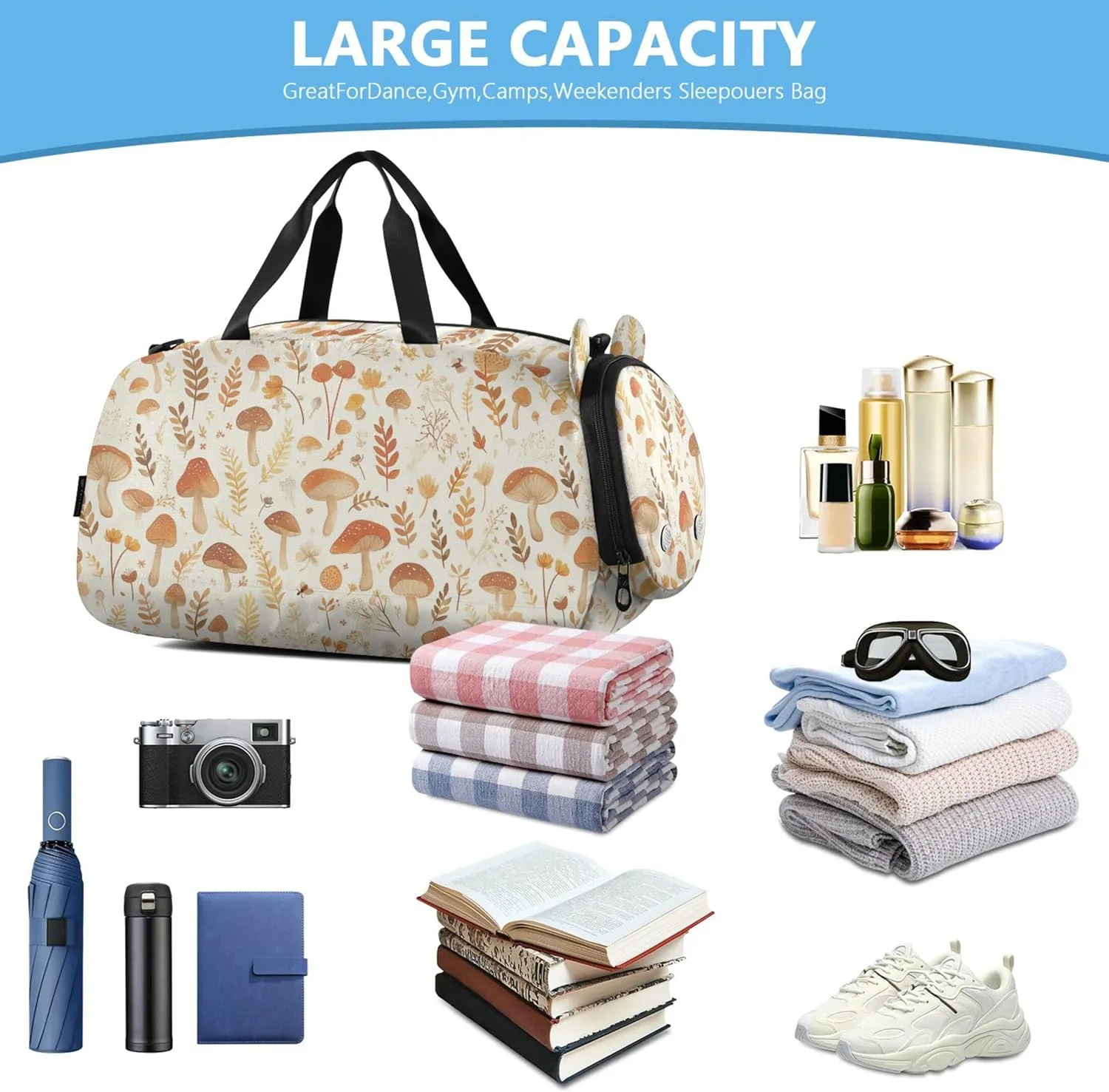 Watercolor Cute Mushrooms Kids Duffel Bag with Shoes Compartment Lightweight Weekender Overnight Range Bag for Travel, Sports, Fitness & Workout
