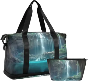 Waterfall Sports Gym Bag,Travel Duffel bag with Wet Pocket & Shoes Compartment Lightweight Waterproof Overnight Bag for Men Women