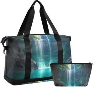 Waterfall Sports Gym Bag,Travel Duffel bag with Wet Pocket & Shoes Compartment Lightweight Waterproof Overnight Bag for Men Women