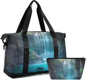 Waterfall Sports Gym Bag,Travel Duffel bag with Wet Pocket & Shoes Compartment Lightweight Waterproof Overnight Bag for Men Women