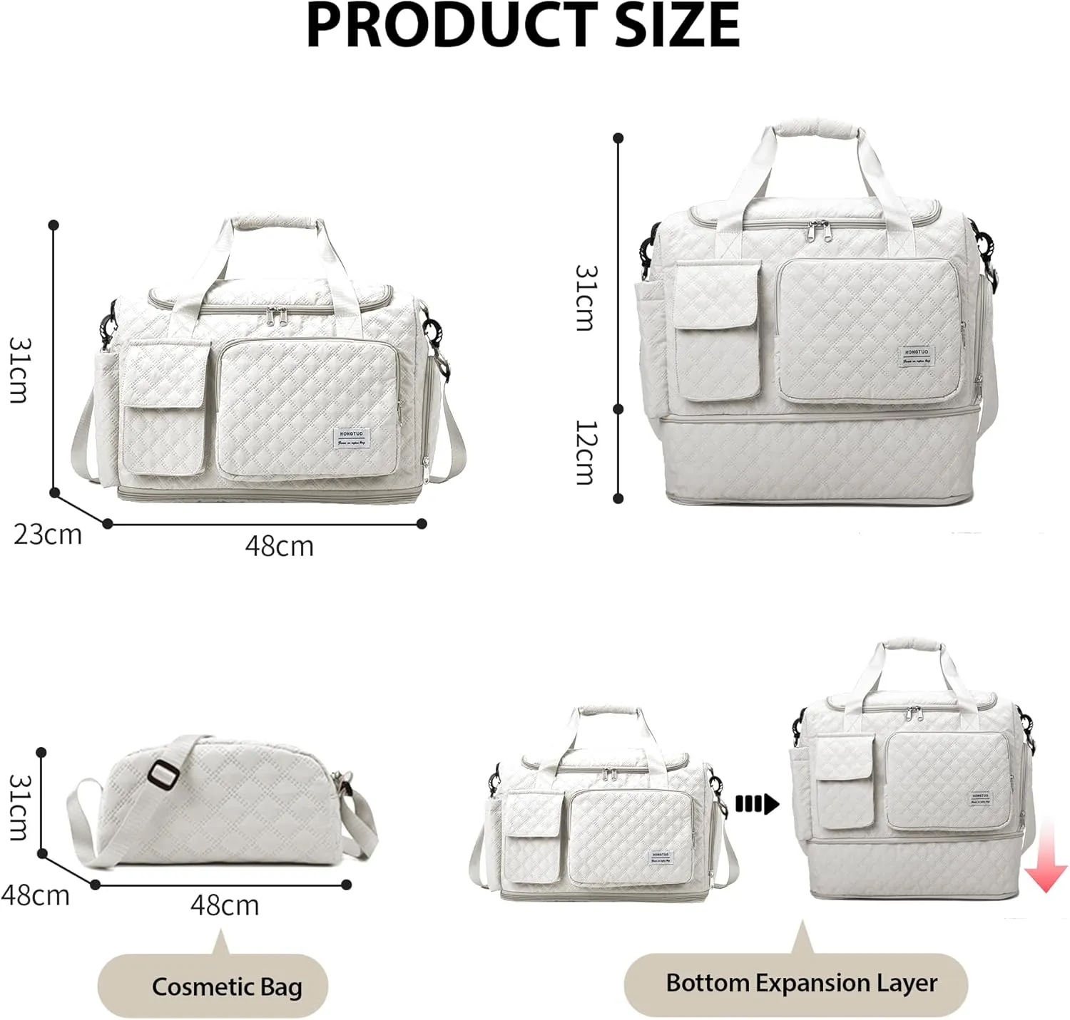 Waterproof Travel Duffel Bag, Weekender/Overnight Bag with Toiletry & Shoes Compartment, Quilted Carry-on Hospital Labor Bag, Beige, Quilted