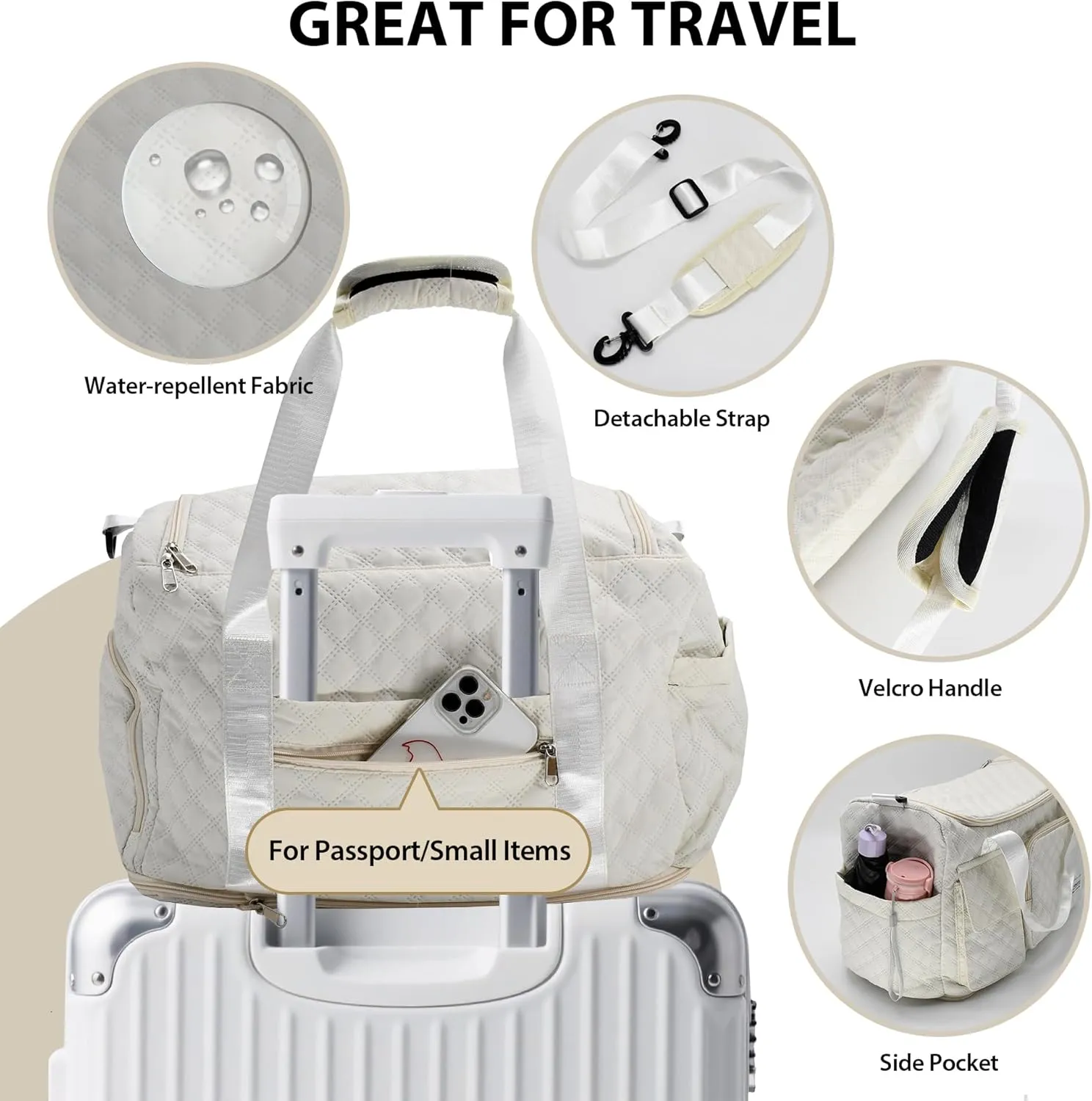 Waterproof Travel Duffel Bag, Weekender/Overnight Bag with Toiletry & Shoes Compartment, Quilted Carry-on Hospital Labor Bag, Beige, Quilted