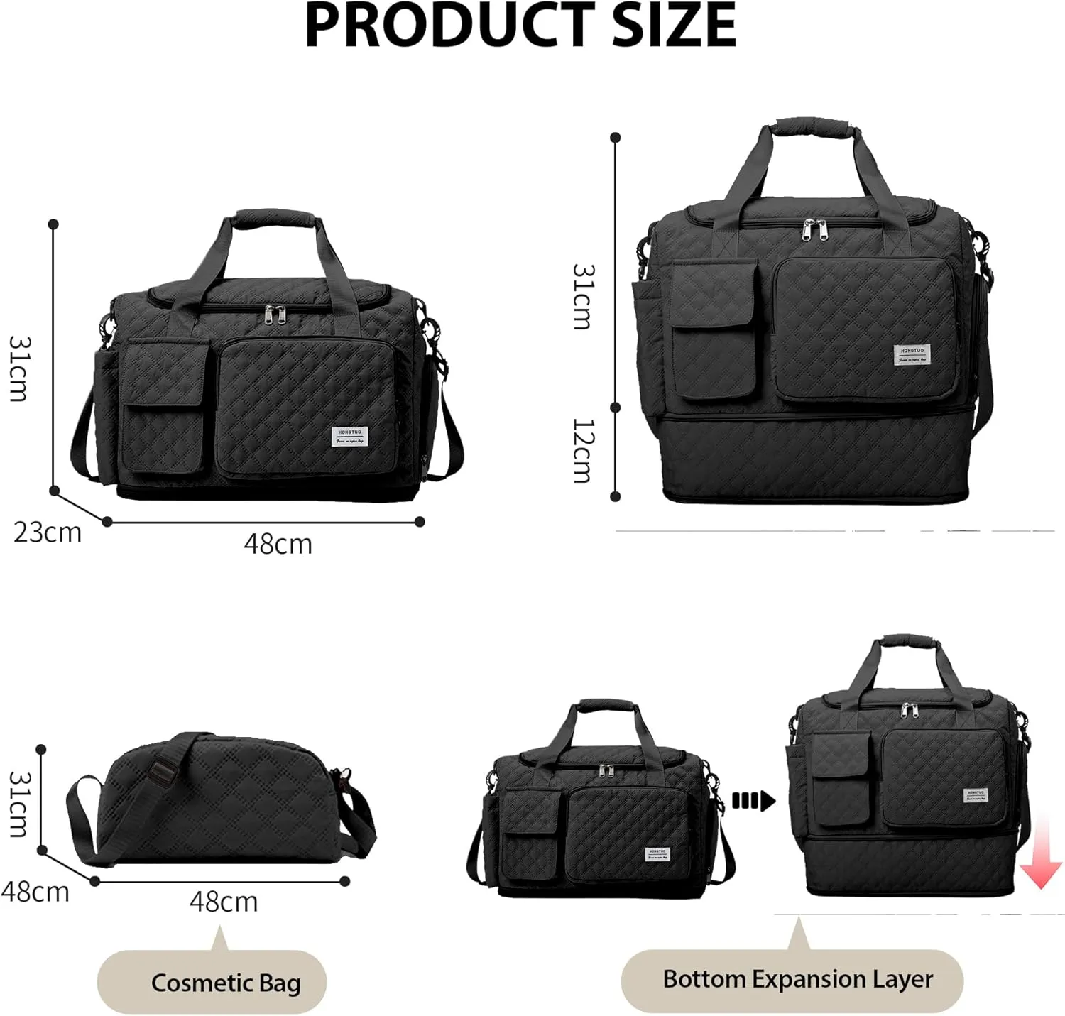 Waterproof Travel Duffel Bag, Weekender/Overnight Bag with Toiletry & Shoes Compartment, Quilted Carry-on Hospital Labor Bag (Black)