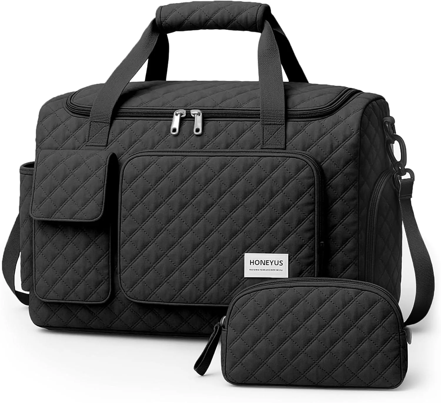 Waterproof Travel Duffel Bag, Weekender/Overnight Bag with Toiletry & Shoes Compartment, Quilted Carry-on Hospital Labor Bag (Black)