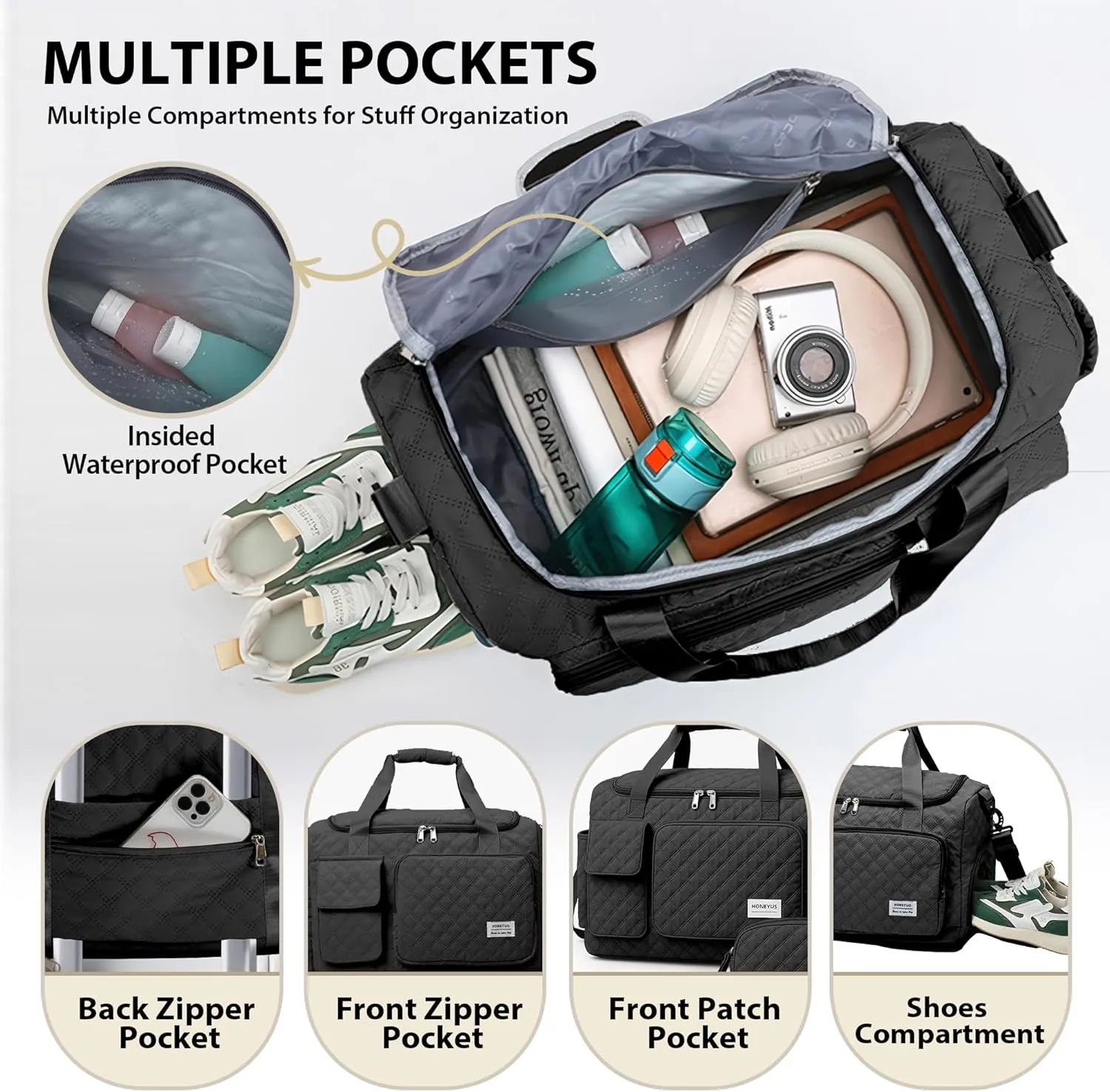 Waterproof Travel Duffel Bag, Weekender/Overnight Bag with Toiletry & Shoes Compartment, Quilted Carry-on Hospital Labor Bag (Black)