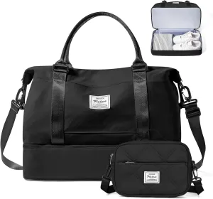 Weekender Bags for Women,Personal Item Travel Bag with Shoes Compartment,Overnight Travel Duffel Bag with Quilted Toiletry Bag,Black