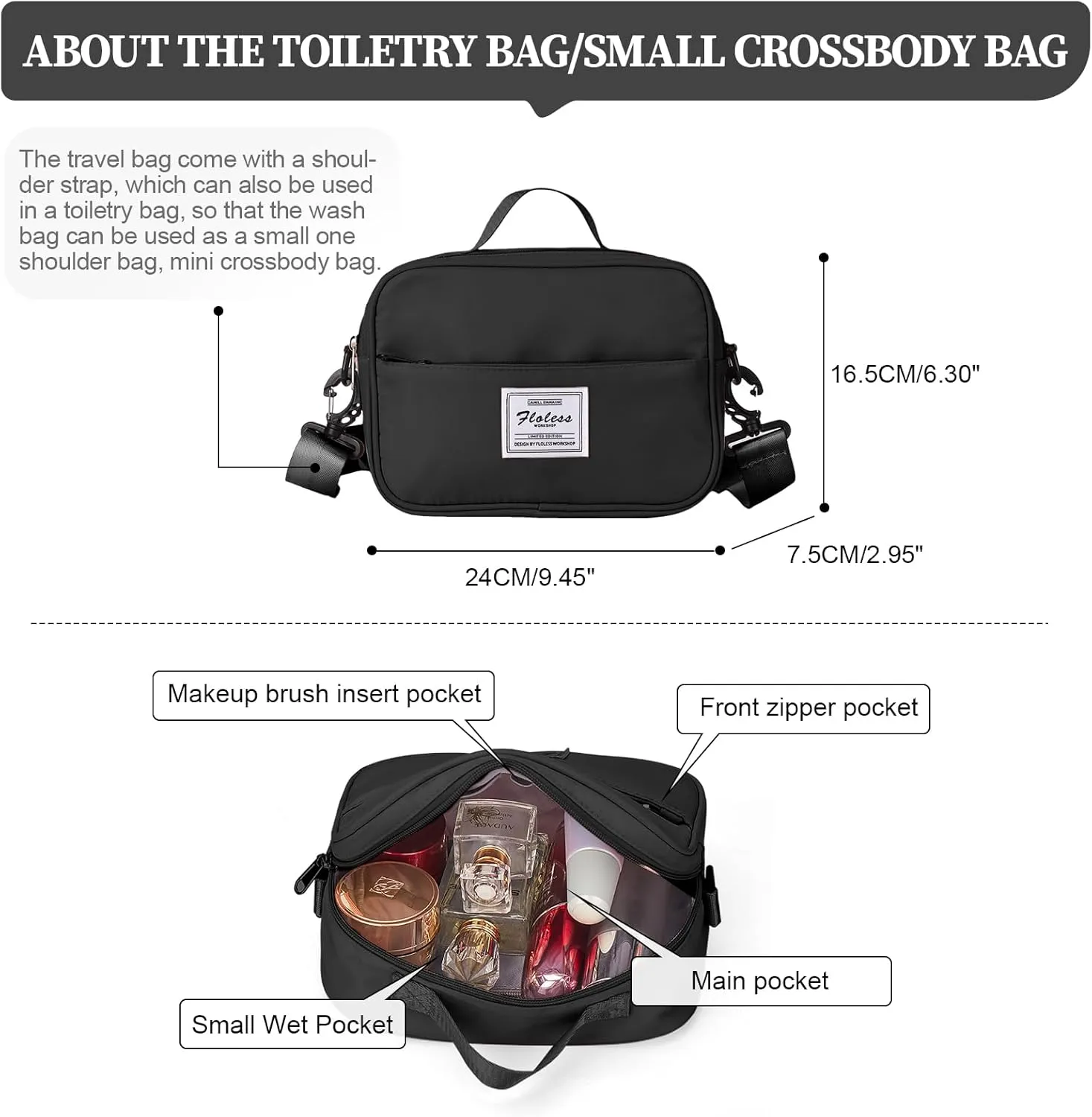 Weekender Bags for Women,Personal Item Travel Bag with Shoes Compartment,Overnight Travel Duffel Bag with Toiletry Bag,Small, Black