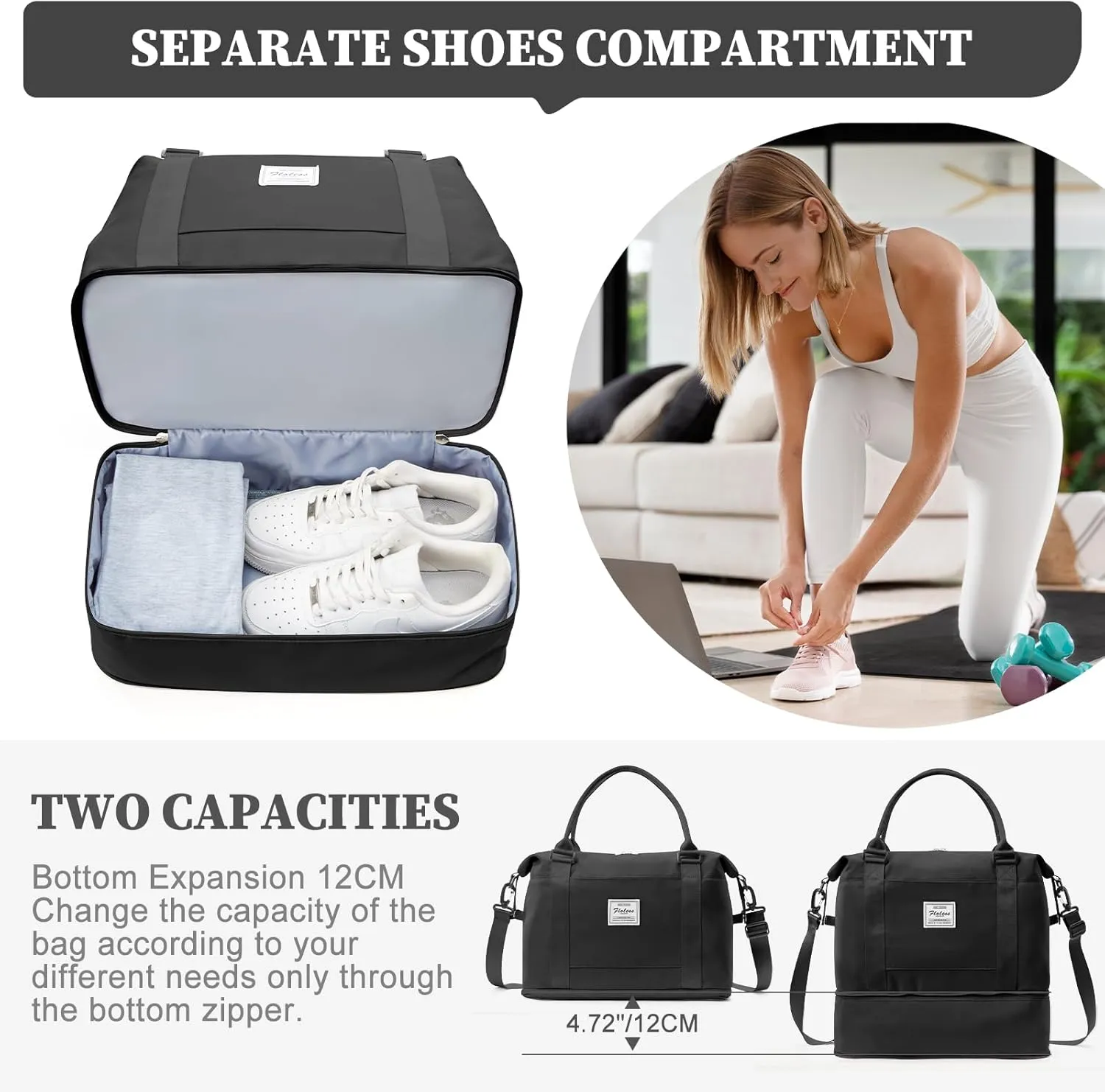 Weekender Bags for Women,Personal Item Travel Bag with Shoes Compartment,Overnight Travel Duffel Bag with Toiletry Bag,Small, Black