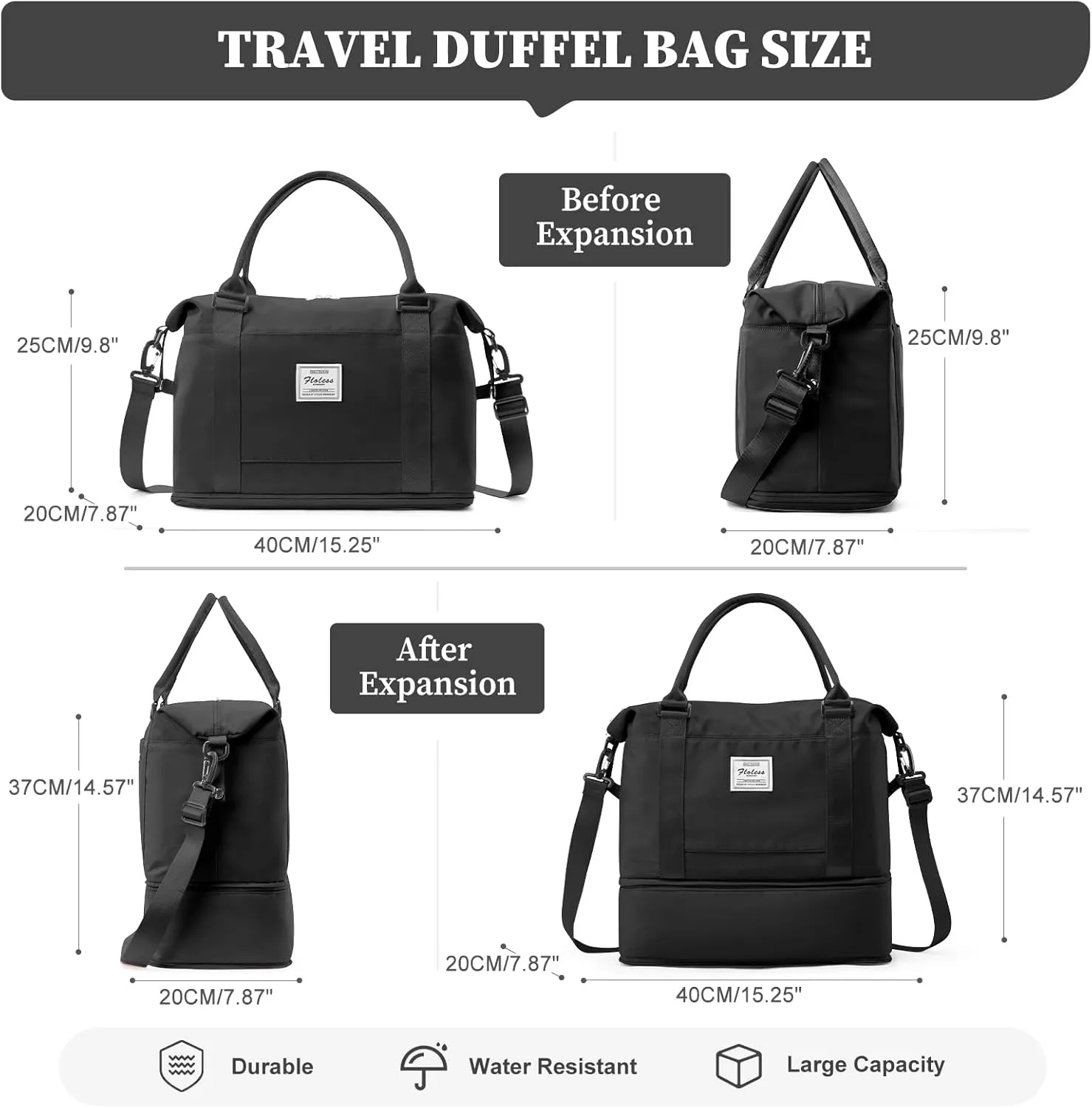 Weekender Bags for Women,Personal Item Travel Bag with Shoes Compartment,Overnight Travel Duffel Bag with Toiletry Bag,Small, Black