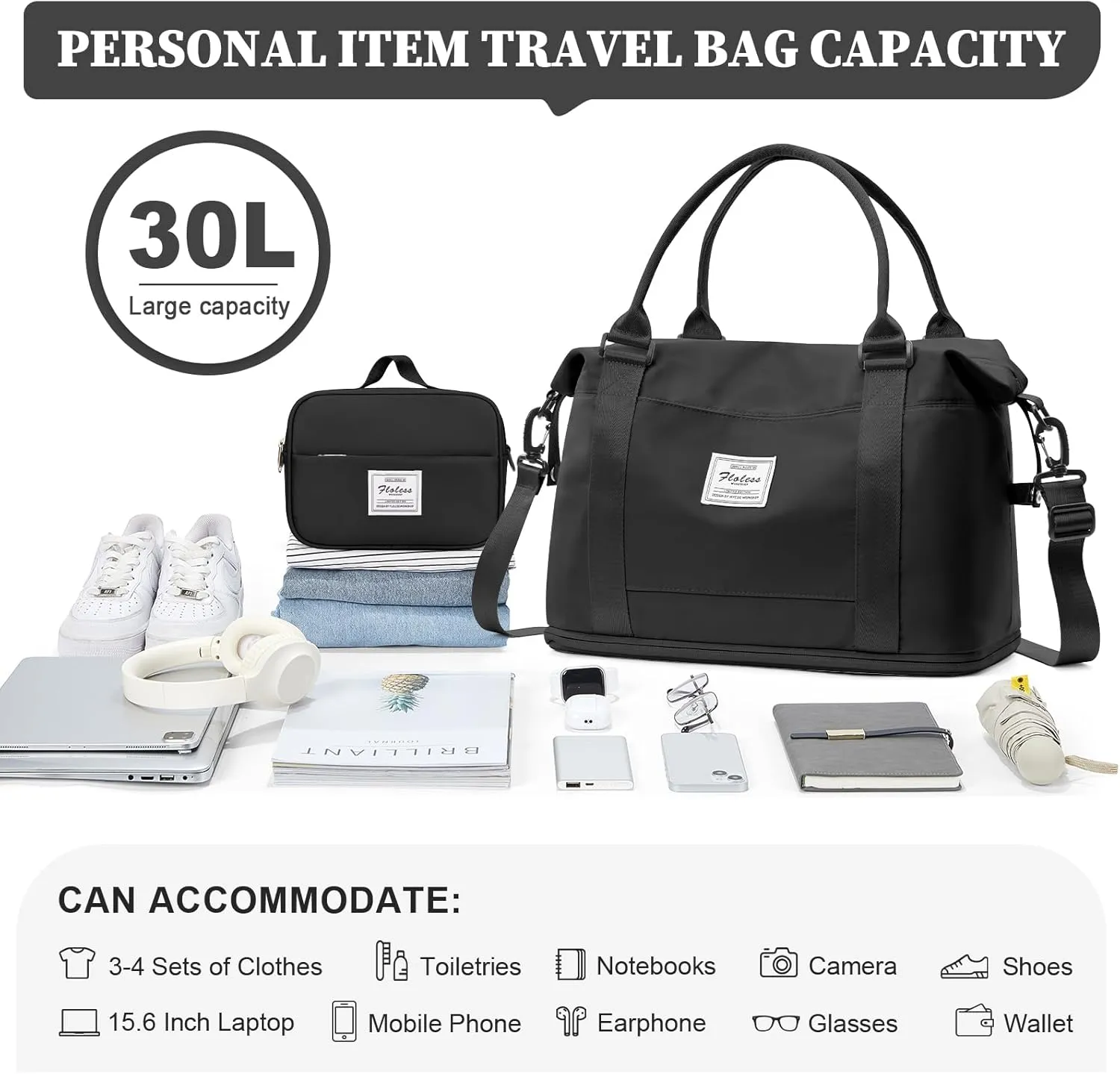 Weekender Bags for Women,Personal Item Travel Bag with Shoes Compartment,Overnight Travel Duffel Bag with Toiletry Bag,Small, Black