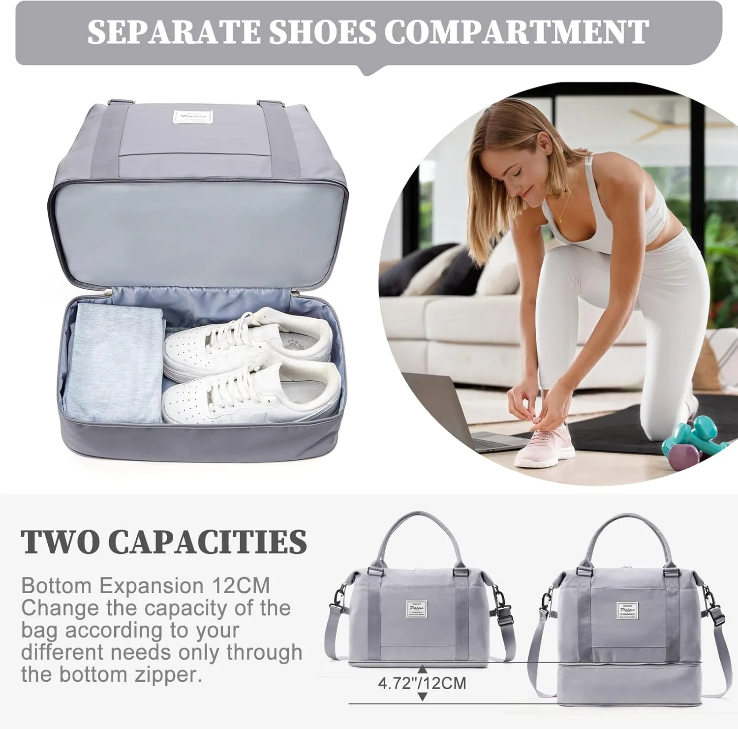 Weekender Bags for Women,Personal Item Travel Bag,Overnight Travel Duffel Bag with Expandable Shoes Compartment & Wet Pocket, A-Grey