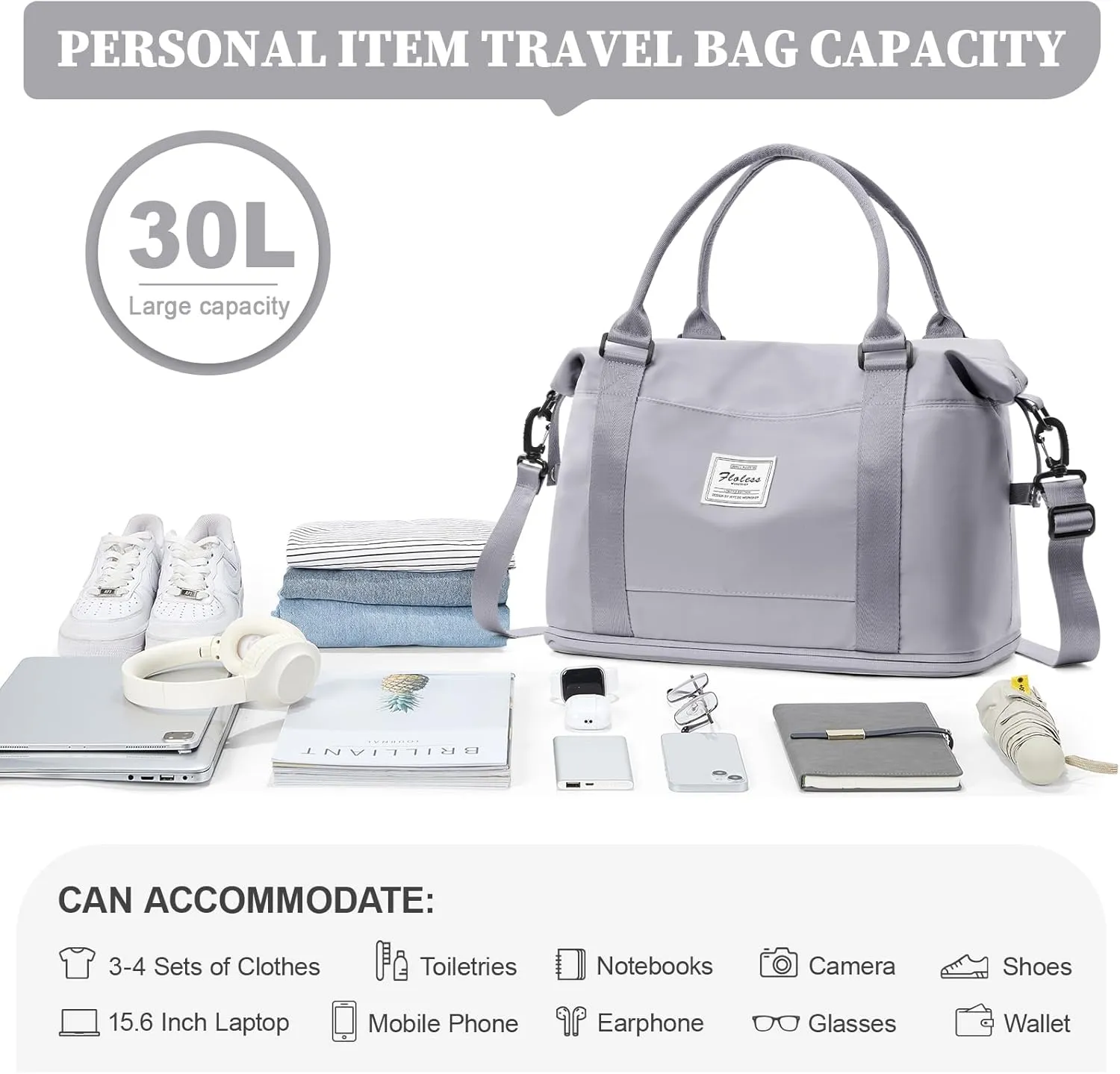 Weekender Bags for Women,Personal Item Travel Bag,Overnight Travel Duffel Bag with Expandable Shoes Compartment & Wet Pocket, A-Grey