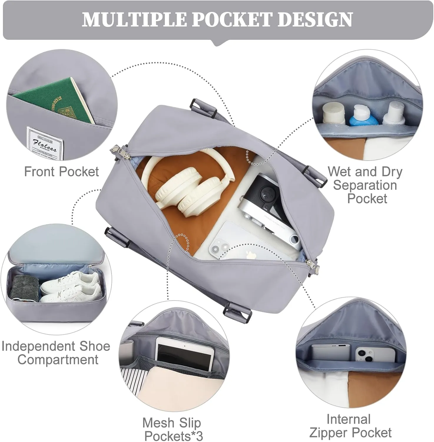Weekender Bags for Women,Personal Item Travel Bag,Overnight Travel Duffel Bag with Expandable Shoes Compartment & Wet Pocket, A-Grey