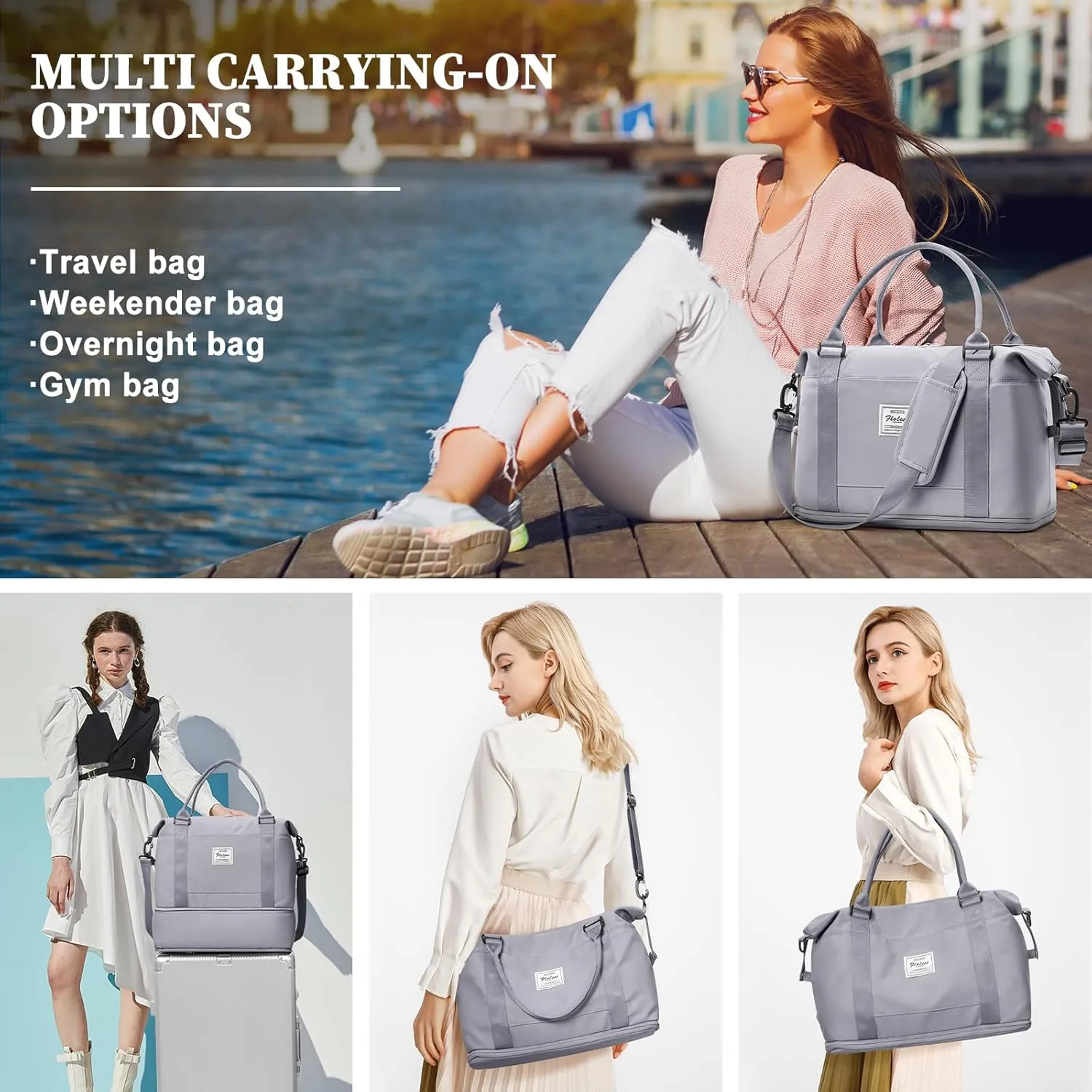 Weekender Bags for Women,Personal Item Travel Bag,Overnight Travel Duffel Bag with Expandable Shoes Compartment & Wet Pocket, A-Grey