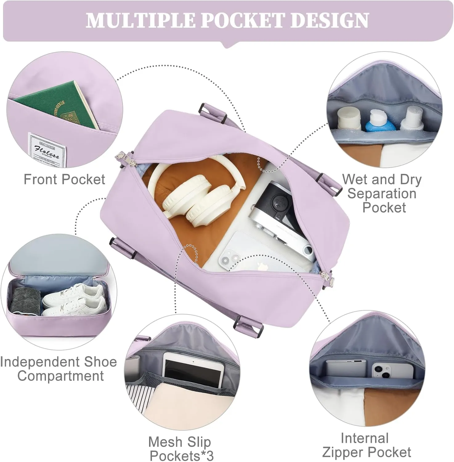 Weekender Bags for Women,Personal Item Travel Bag,Overnight Travel Duffel Bag with Shoes Compartment & Wet Pocket,Small, Purple