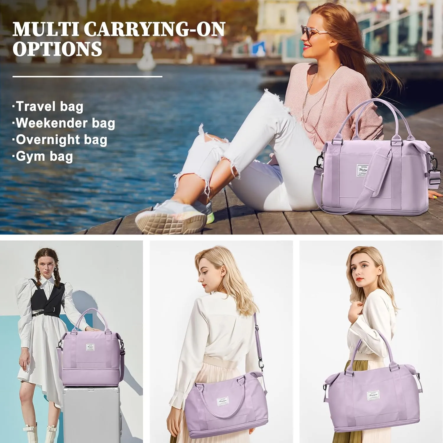Weekender Bags for Women,Personal Item Travel Bag,Overnight Travel Duffel Bag with Shoes Compartment & Wet Pocket,Small, Purple