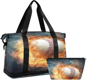 White Baseballs Gym Bag for Men Women with Shoes Compartment & Wet Pocket Sport Travel Duffel Bag Waterproof Weekender Overnight Bag