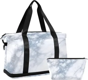 White Marble Sports Gym Bag,Travel Duffel bag with Wet Pocket & Shoes Compartment Lightweight Waterproof Overnight Bag for Men Women