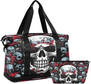 White Skull Gym Bag for Men Women with Shoes Compartment & Wet Pocket Sport Travel Duffel Bag Waterproof Weekender Overnight Bag