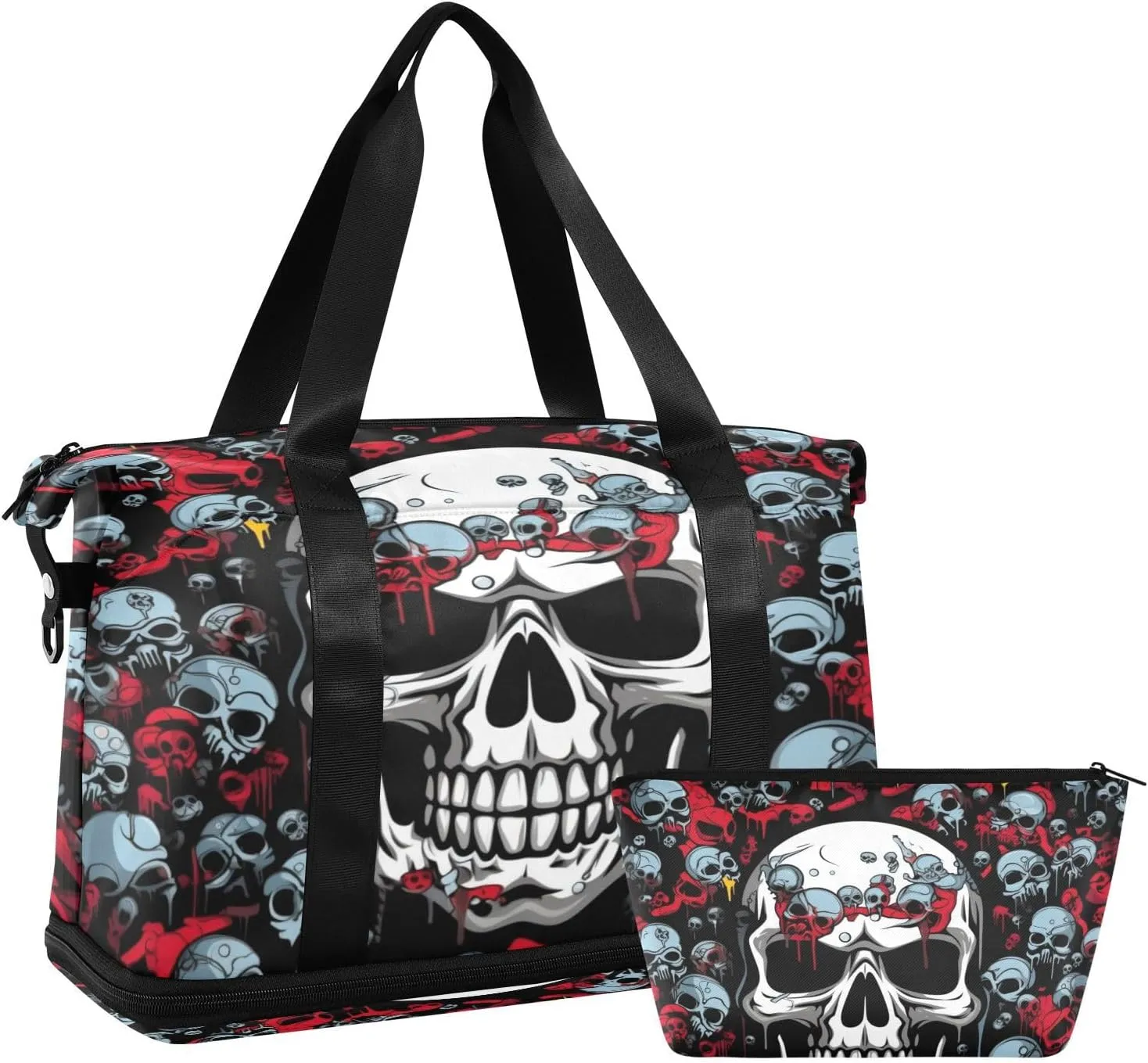 White Skull Gym Bag for Men Women with Shoes Compartment & Wet Pocket Sport Travel Duffel Bag Waterproof Weekender Overnight Bag