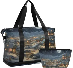 Winter Landscape Sports Gym Bag,Travel Duffel bag with Wet Pocket & Shoes Compartment Lightweight Waterproof Overnight Bag for Men Women