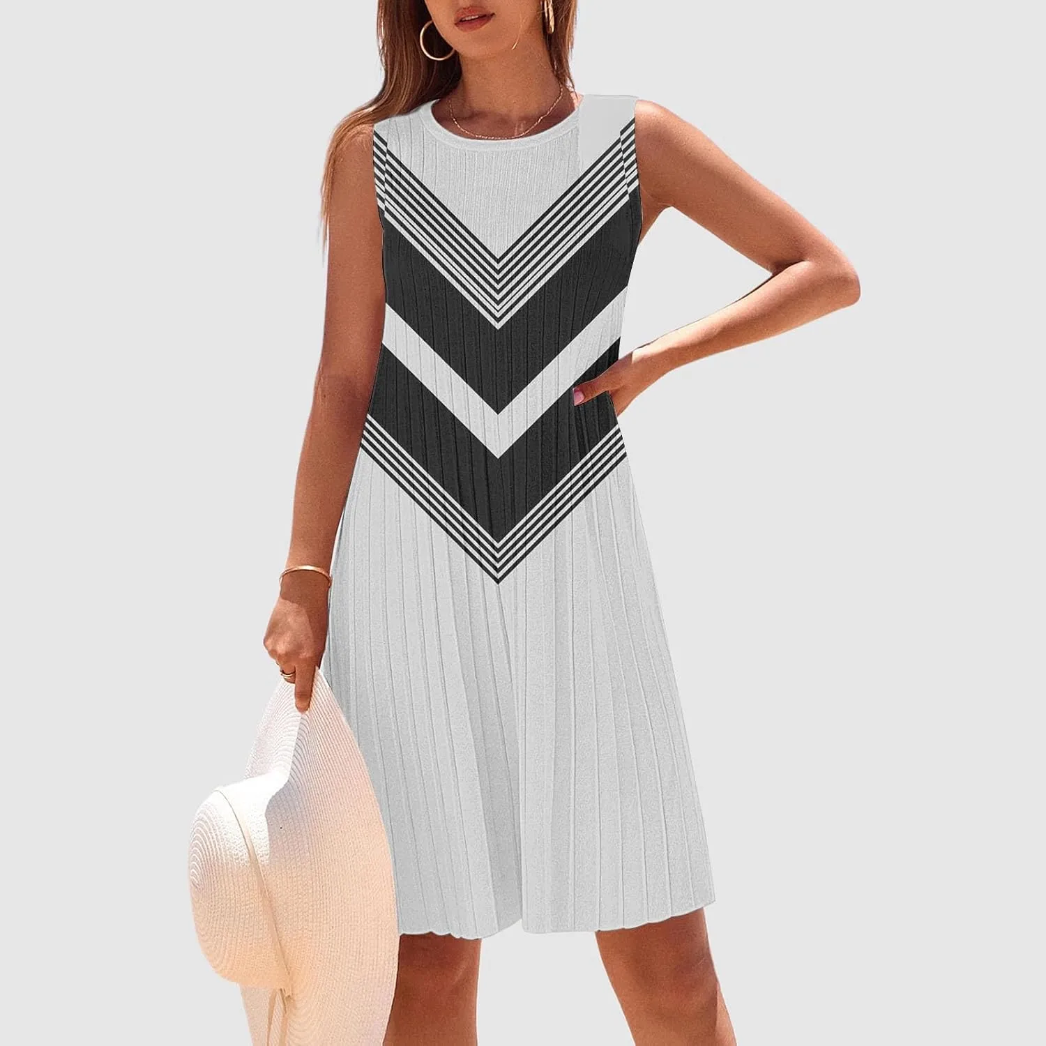 Womens 2025 Summer Sleeveless Dress Crewneck Floral Loose Tank Pleated Swing Flowy Dresses Casual Short Sleeve Dress