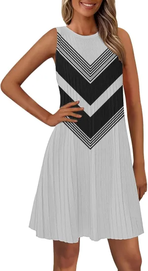 Womens 2025 Summer Sleeveless Dress Crewneck Floral Loose Tank Pleated Swing Flowy Dresses Casual Short Sleeve Dress