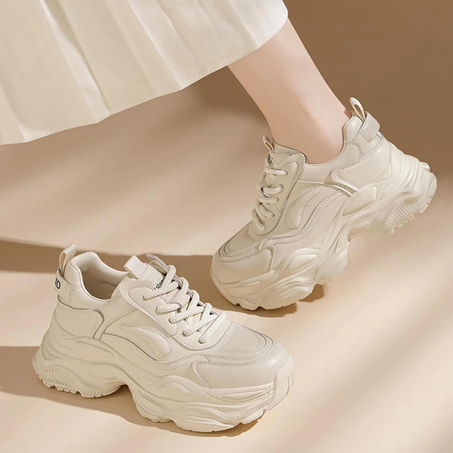 Women's Fashion Sneakers – Breathable Casual Platform Trainers With Lace-up, Thick Bottom, And Increased Height – Lightweight Pop Shoes For Versatile Sports And Casual Wear (Leather Upper),Beige-38