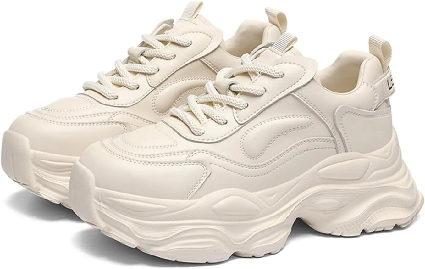 Women's Fashion Sneakers – Breathable Casual Platform Trainers With Lace-up, Thick Bottom, And Increased Height – Lightweight Pop Shoes For Versatile Sports And Casual Wear (Leather Upper),Beige-38