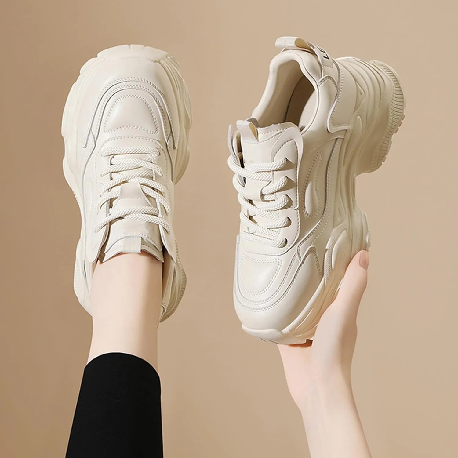 Women's Fashion Sneakers – Breathable Casual Platform Trainers With Lace-up, Thick Bottom, And Increased Height – Lightweight Pop Shoes For Versatile Sports And Casual Wear (Leather Upper),Beige-38