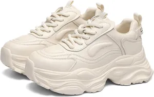 Women's Fashion Sneakers – Breathable Casual Platform Trainers With Lace-up, Thick Bottom, And Increased Height – Lightweight Pop Shoes For Versatile Sports And Casual Wear (Leather Upper),Beige-38