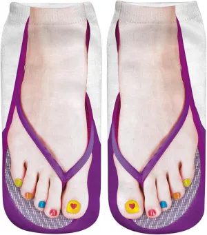 Womens Girls Funny Ankle Socks Fun Novelty 3D Print Pattern Flip Flops Cute Socks Look Like Shoes Fun Gifts