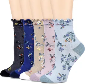 Womens Ruffle Socks Vintage Patterned Ankle Crew Casual Fashion Dress Socks Cute Lettuce Floral Sock 5 Pack